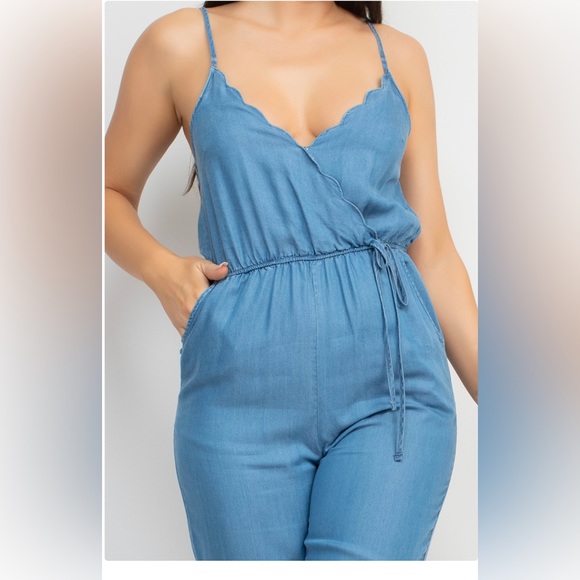Giselle- Iris Scallop Trim Cami Denim Jumpsuit - Picture 3 of 4